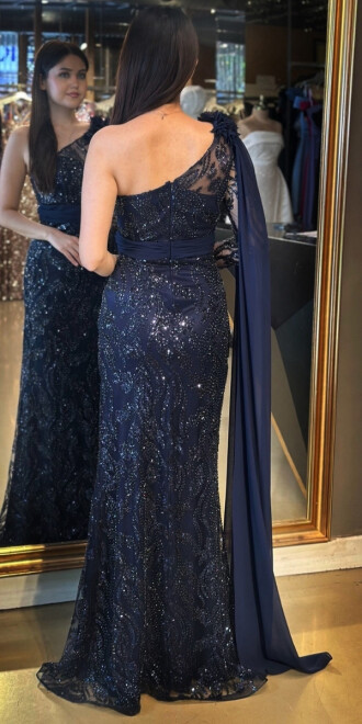 Lacivert Tek Omuzlu Çiçek Detaylı Düz Kesim Pullu Boncuklu Uzun Abiye Elbise 7704 - 5