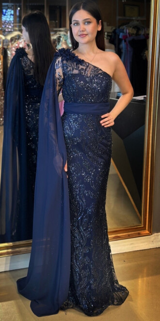 Lacivert Tek Omuzlu Çiçek Detaylı Düz Kesim Pullu Boncuklu Uzun Abiye Elbise 7704 - abiyeniall