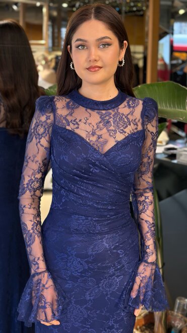 Lacivert Uzun Kollu Düz Kesim Likralı Dantel Uzun Abiye Elbise 11203-06 - 3