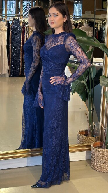 Lacivert Uzun Kollu Düz Kesim Likralı Dantel Uzun Abiye Elbise 11203-06 - 2