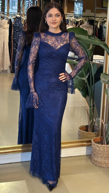 Lacivert Uzun Kollu Düz Kesim Likralı Dantel Uzun Abiye Elbise 11203-06 