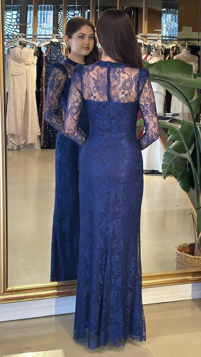 Lacivert Uzun Kollu Düz Kesim Likralı Dantel Uzun Abiye Elbise 11203-06 - 5
