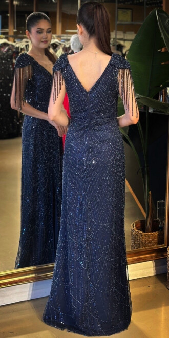 Lacivert V Yaka Boncuk İşlemeli Yırtmaçlı Düz Kesim Likralı Payet Uzun Abiye Elbise 11107-02 - 5