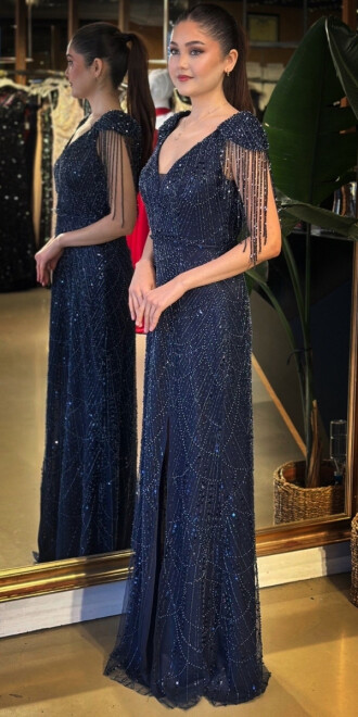 Lacivert V Yaka Boncuk İşlemeli Yırtmaçlı Düz Kesim Likralı Payet Uzun Abiye Elbise 11107-02 - 2