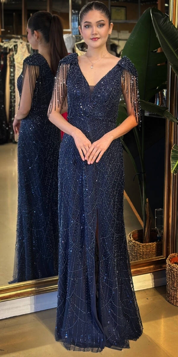 Lacivert V Yaka Boncuk İşlemeli Yırtmaçlı Düz Kesim Likralı Payet Uzun Abiye Elbise 11107-02 - 1