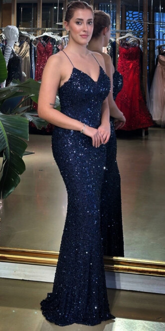 Lacivert V Yaka İp Askılı Sırt Dekolteli Balık Etekli Likralı Payet Uzun Abiye Elbise 7714 - 4