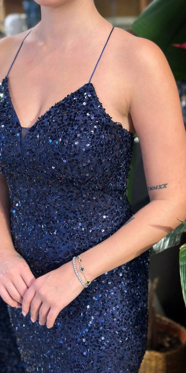 Lacivert V Yaka İp Askılı Sırt Dekolteli Balık Etekli Likralı Payet Uzun Abiye Elbise 7714 - 5