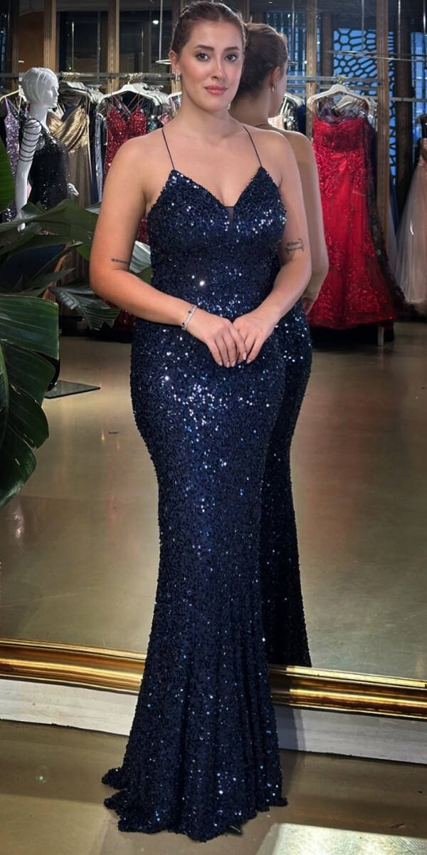 Lacivert V Yaka İp Askılı Sırt Dekolteli Balık Etekli Likralı Payet Uzun Abiye Elbise 7714 - 3