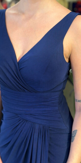 Lacivert V Yaka Kalın Askı Anvelop Yırtmaçlı Düz Kesim Likralı Tül Uzun Abiye Elbise 11123-04 - 4