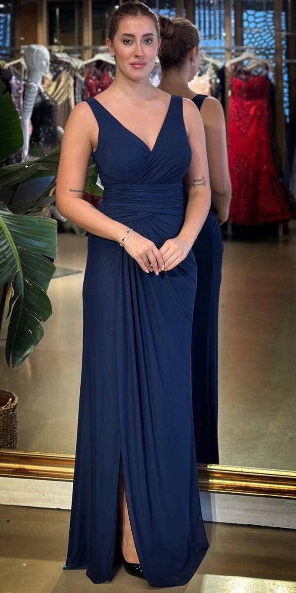 Lacivert V Yaka Kalın Askı Anvelop Yırtmaçlı Düz Kesim Likralı Tül Uzun Abiye Elbise 11123-04 - 1