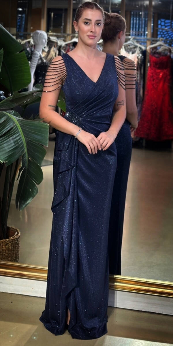 Lacivert V Yaka Kalın Askı Boncuk İşlemeli Anvelop Yırtmaçlı Düz Kesim Simli Uzun Abiye Elbise 7599 - 1