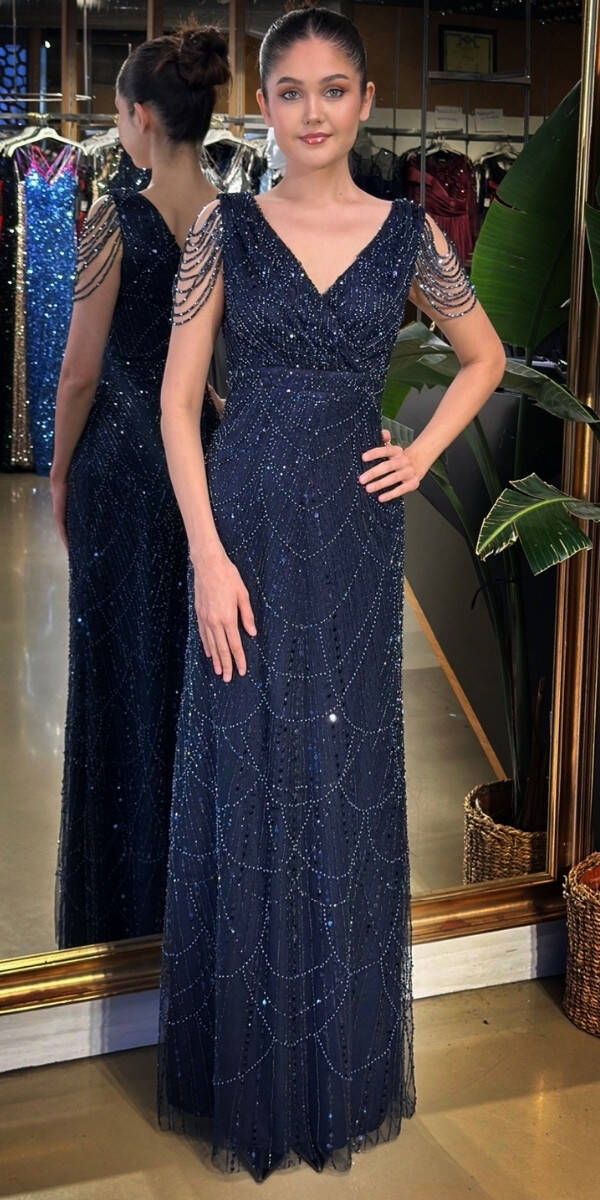 Lacivert V Yaka Kalın Askı Boncuk İşlemeli Düz Kesim Pullu Boncuklu Uzun Abiye Elbise 11138-02 - 1