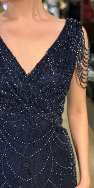 Lacivert V Yaka Kalın Askı Boncuk İşlemeli Düz Kesim Pullu Boncuklu Uzun Abiye Elbise 11138-02 - 4