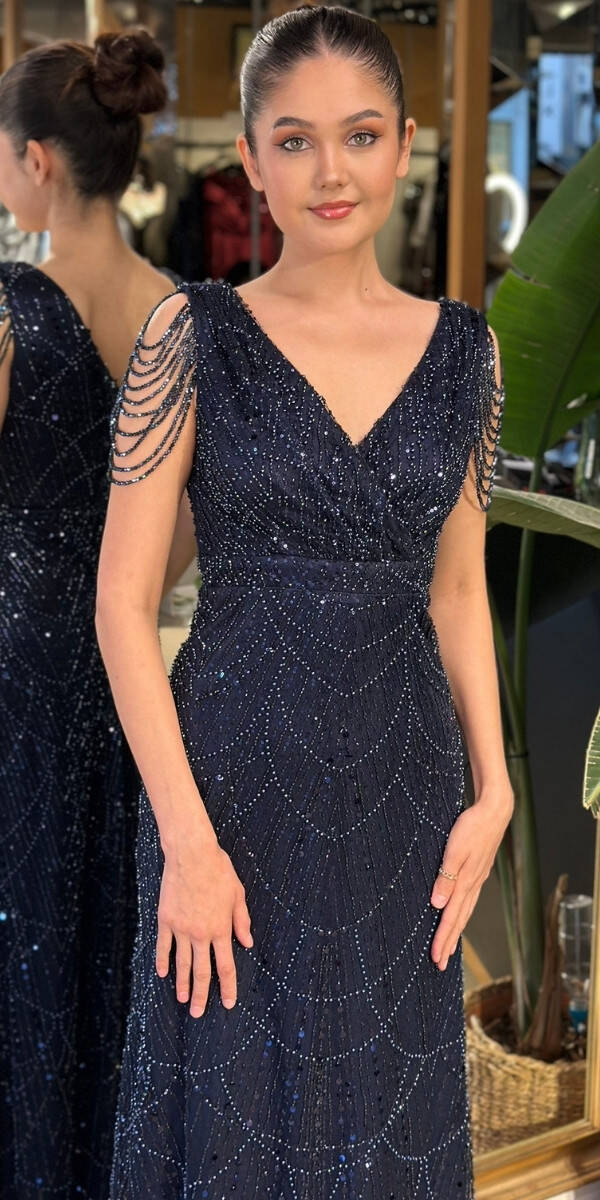 Lacivert V Yaka Kalın Askı Boncuk İşlemeli Düz Kesim Pullu Boncuklu Uzun Abiye Elbise 11138-02 - 3