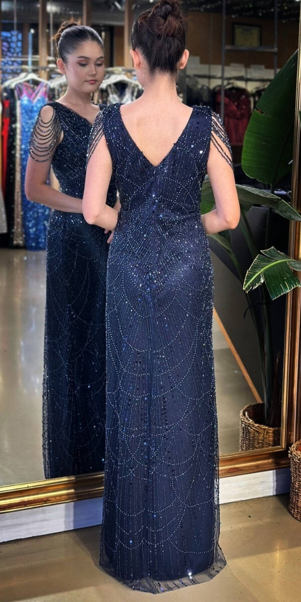 Lacivert V Yaka Kalın Askı Boncuk İşlemeli Düz Kesim Pullu Boncuklu Uzun Abiye Elbise 11138-02 - 5