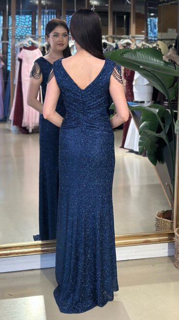 Lacivert V Yaka Kalın Askı Yırtmaçlı Düz Kesim Likralı Pullu Boncuklu Uzun Abiye Elbise 11179-03 - 5