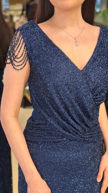 Lacivert V Yaka Kalın Askı Yırtmaçlı Düz Kesim Likralı Pullu Boncuklu Uzun Abiye Elbise 11179-03 - 3