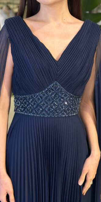 Lacivert V Yaka Pelerin Kloş Etekli Şifon Uzun Abiye Elbise 11108-05 - 4