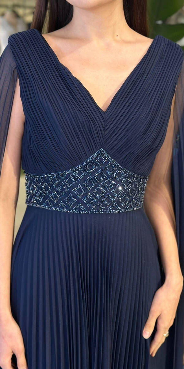 Lacivert V Yaka Pelerin Kloş Etekli Şifon Uzun Abiye Elbise 11108-05 - 4