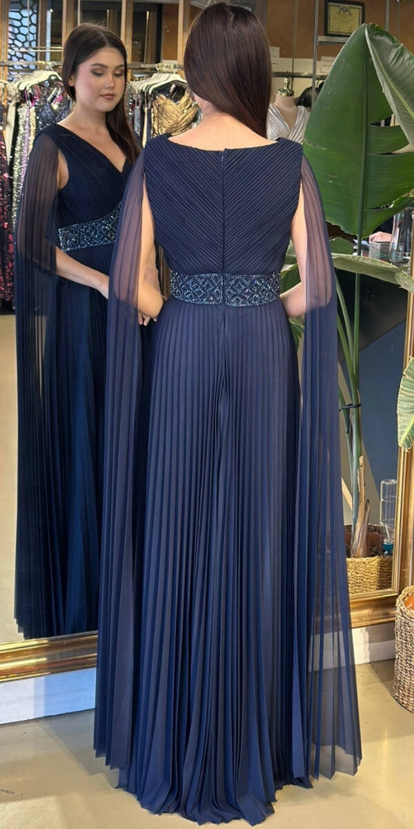 Lacivert V Yaka Pelerin Kloş Etekli Şifon Uzun Abiye Elbise 11108-05 - 5