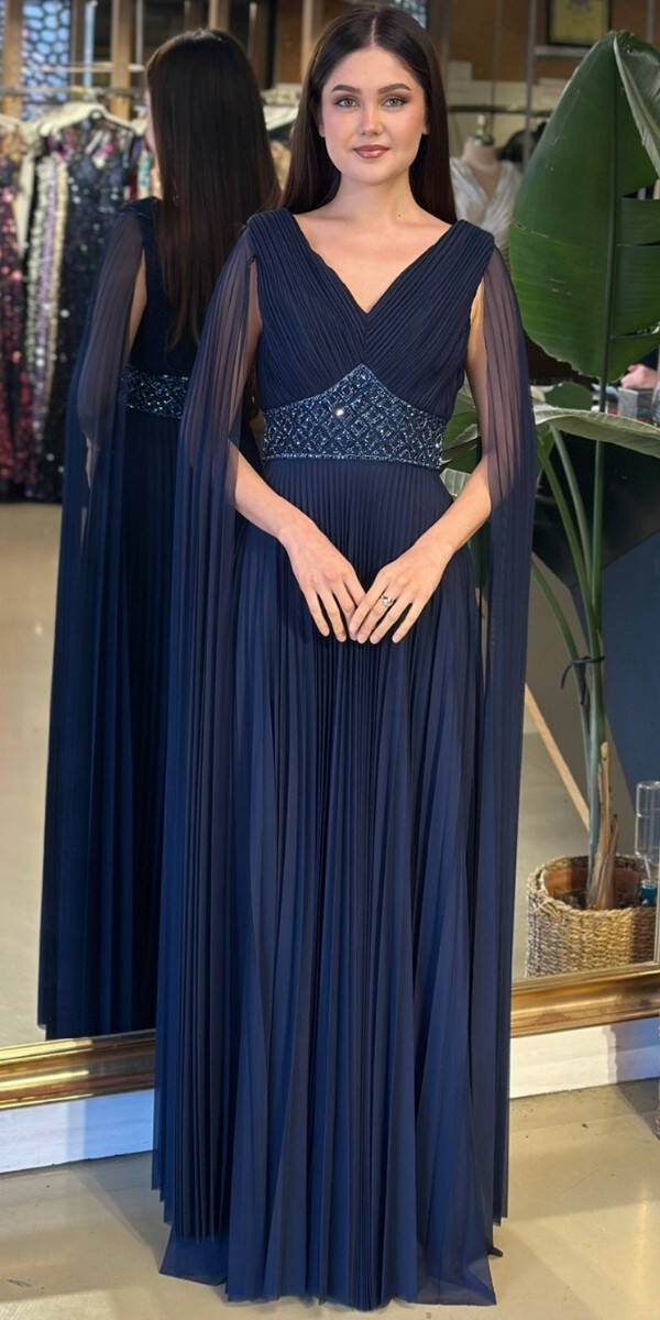 Lacivert V Yaka Pelerin Kloş Etekli Şifon Uzun Abiye Elbise 11108-05 - 1