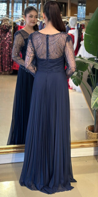 Lacivert V Yaka Uzun Kollu Çiçek Detaylı Kloş Etekli Şifon Uzun Abiye Elbise 11150-02 - 5