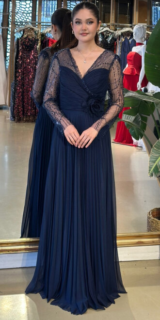 Lacivert V Yaka Uzun Kollu Çiçek Detaylı Kloş Etekli Şifon Uzun Abiye Elbise 11150-02 - abiyeniall
