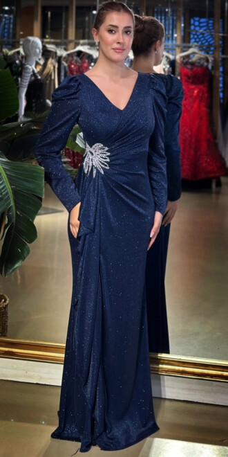 Lacivert V Yaka Uzun Kollu Taş Detaylı Anvelop Yırtmaçlı Düz Kesim Simli Uzun Abiye Elbise 7616 - 1