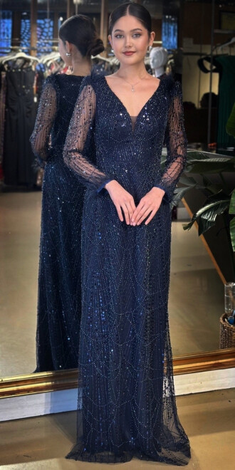 Lacivert V Yaka Uzun Kollu Tuy Detaylı Düz Kesim Pullu Boncuklu Uzun Abiye Elbise 11114-02 - abiyeniall