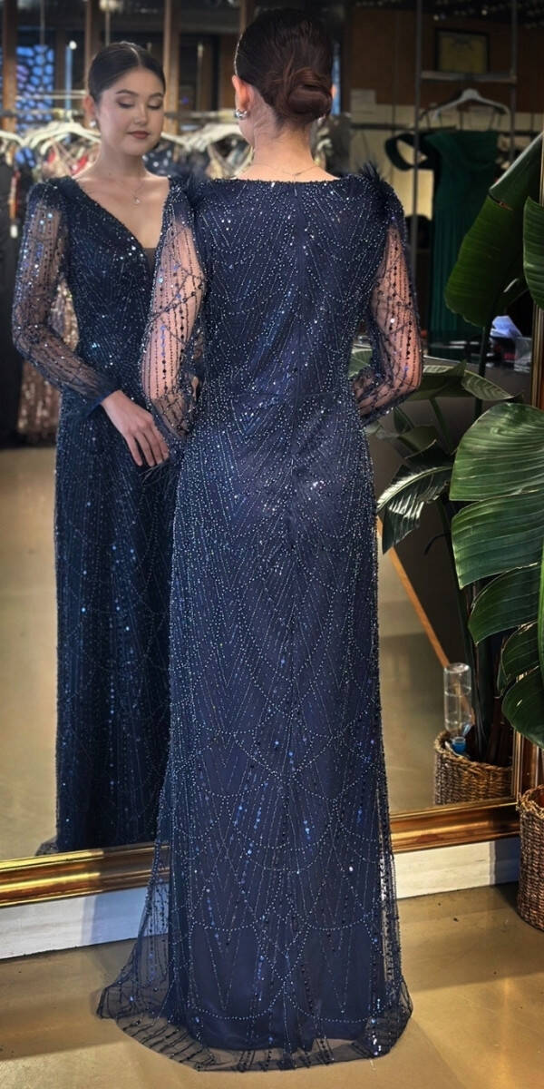 Lacivert V Yaka Uzun Kollu Tuy Detaylı Düz Kesim Pullu Boncuklu Uzun Abiye Elbise 11114-02 - 5