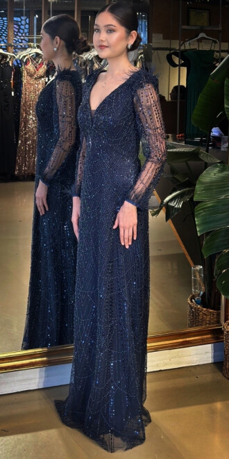 Lacivert V Yaka Uzun Kollu Tuy Detaylı Düz Kesim Pullu Boncuklu Uzun Abiye Elbise 11114-02 - 2