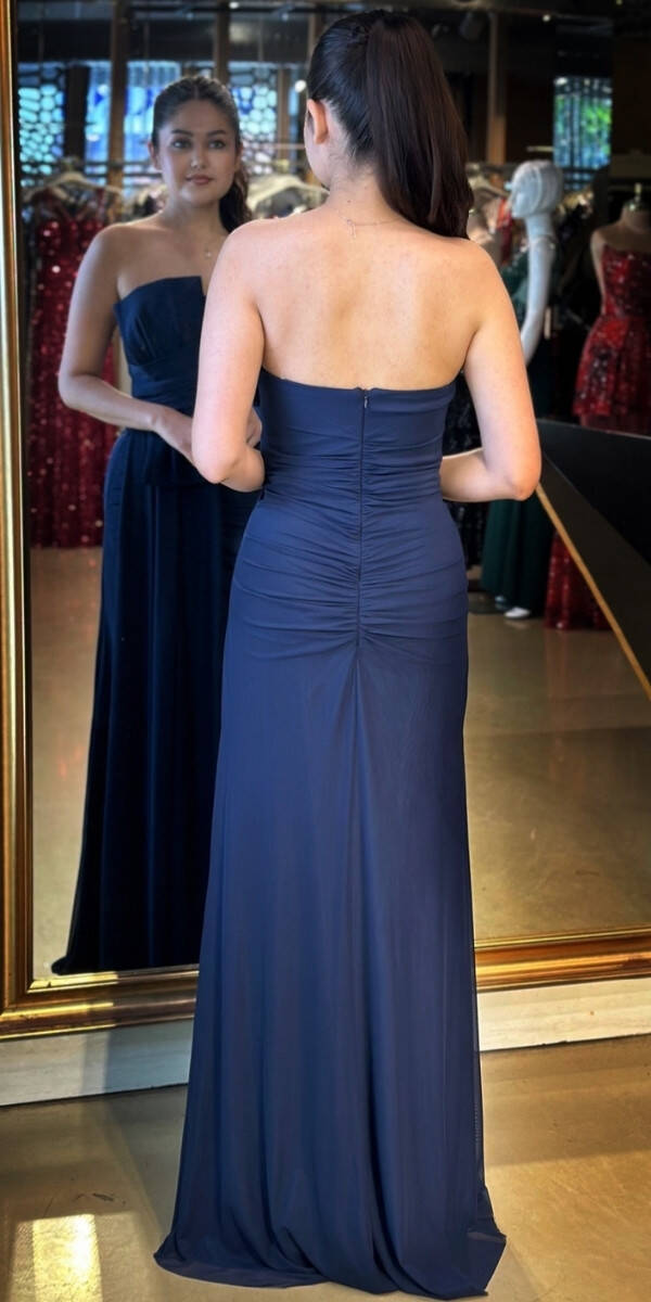 Lacivert Yırtmaçlı Düz Kesim Tül Uzun Abiye Elbise 7731 - 5