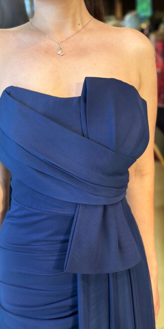 Lacivert Yırtmaçlı Düz Kesim Tül Uzun Abiye Elbise 7731 - 4