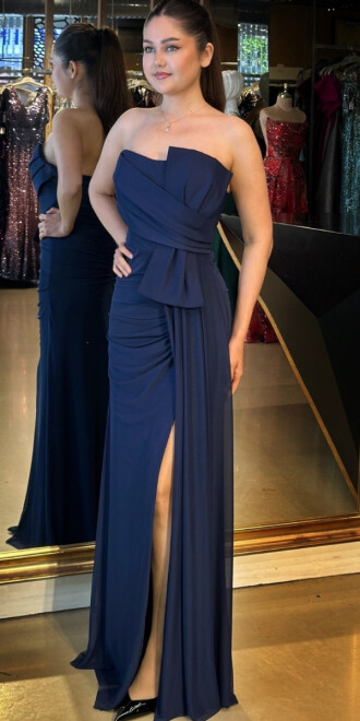 Lacivert Yırtmaçlı Düz Kesim Tül Uzun Abiye Elbise 7731 - 2