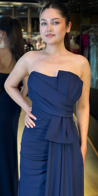 Lacivert Yırtmaçlı Düz Kesim Tül Uzun Abiye Elbise 7731 - 3