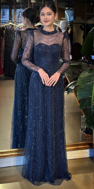 Lacivert Yuvarlak Yaka Uzun Kollu Düz Kesim Pullu Boncuklu Uzun Abiye Elbise 11130-01 