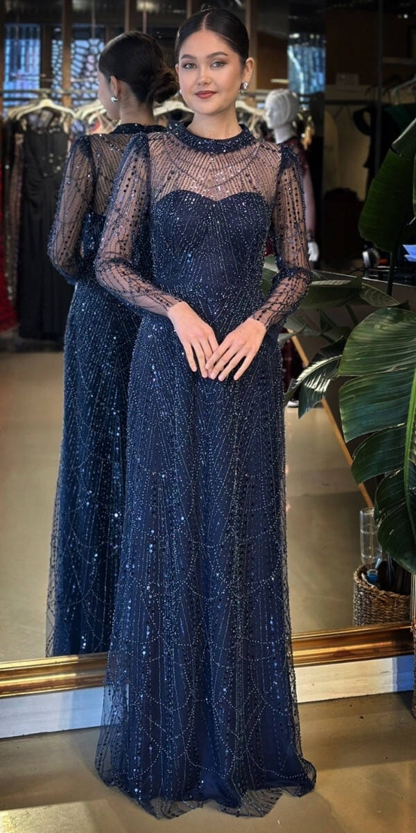 Lacivert Yuvarlak Yaka Uzun Kollu Düz Kesim Pullu Boncuklu Uzun Abiye Elbise 11130-01 - 1