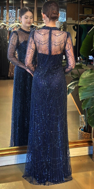 Lacivert Yuvarlak Yaka Uzun Kollu Düz Kesim Pullu Boncuklu Uzun Abiye Elbise 11130-01 - 5