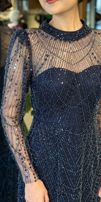 Lacivert Yuvarlak Yaka Uzun Kollu Düz Kesim Pullu Boncuklu Uzun Abiye Elbise 11130-01 - 4