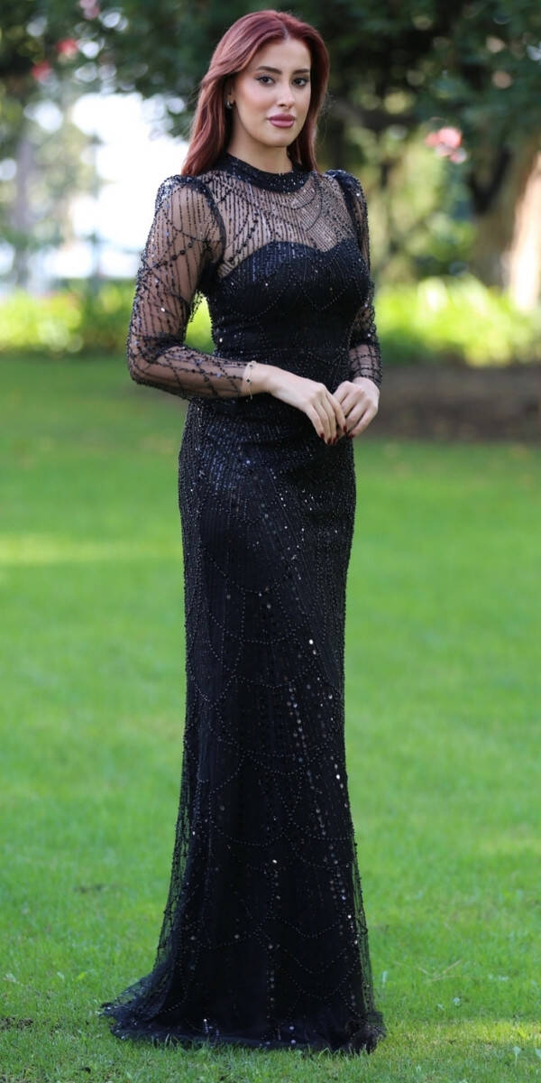 Lacivert Yuvarlak Yaka Uzun Kollu Düz Kesim Pullu Boncuklu Uzun Abiye Elbise 11130-01 - 1