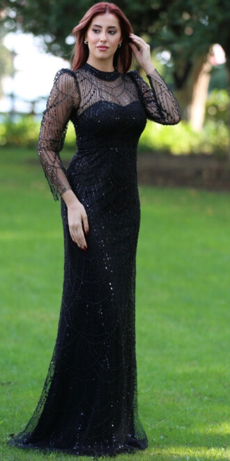 Lacivert Yuvarlak Yaka Uzun Kollu Düz Kesim Pullu Boncuklu Uzun Abiye Elbise 11130-01 - 7