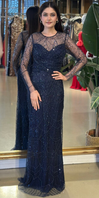 Lacivert Yuvarlak Yaka Uzun Kollu Düz Kesim Pullu Boncuklu Uzun Abiye Elbise 11159-02 - abiyeniall