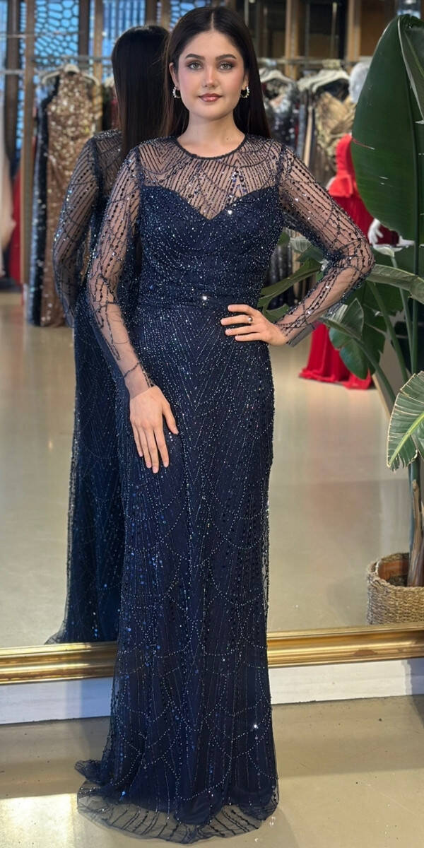 Lacivert Yuvarlak Yaka Uzun Kollu Düz Kesim Pullu Boncuklu Uzun Abiye Elbise 11159-02 - 1