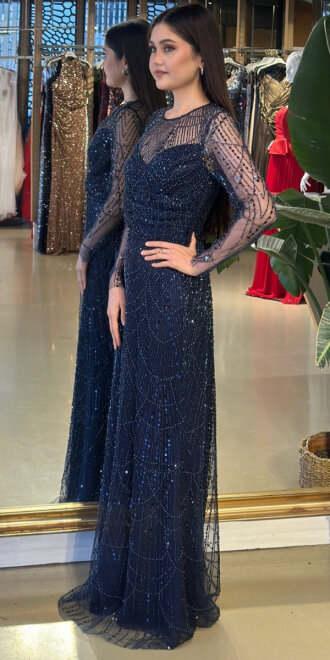 Lacivert Yuvarlak Yaka Uzun Kollu Düz Kesim Pullu Boncuklu Uzun Abiye Elbise 11159-02 - 2