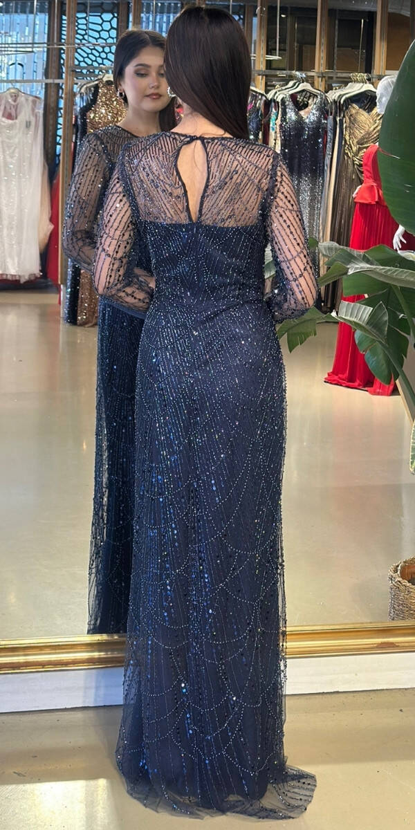 Lacivert Yuvarlak Yaka Uzun Kollu Düz Kesim Pullu Boncuklu Uzun Abiye Elbise 11159-02 - 5