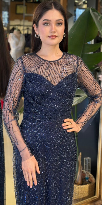 Lacivert Yuvarlak Yaka Uzun Kollu Düz Kesim Pullu Boncuklu Uzun Abiye Elbise 11159-02 - 3