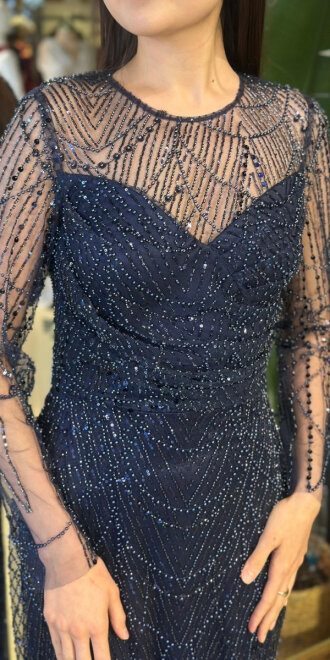 Lacivert Yuvarlak Yaka Uzun Kollu Düz Kesim Pullu Boncuklu Uzun Abiye Elbise 11159-02 - 4