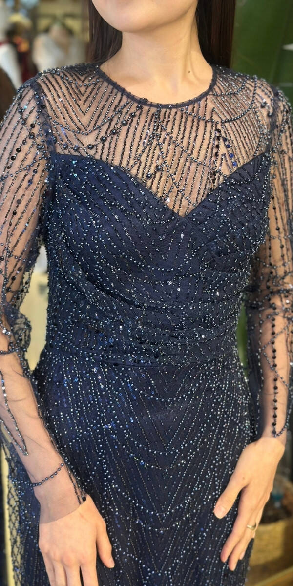 Lacivert Yuvarlak Yaka Uzun Kollu Düz Kesim Pullu Boncuklu Uzun Abiye Elbise 11159-02 - 4