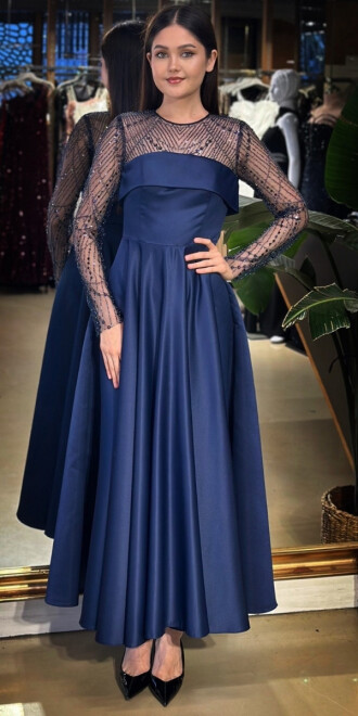 Lacivert Yuvarlak Yaka Uzun Kollu Kloş Etekli Saten Midi Abiye Elbise 11139-02 - abiyeniall