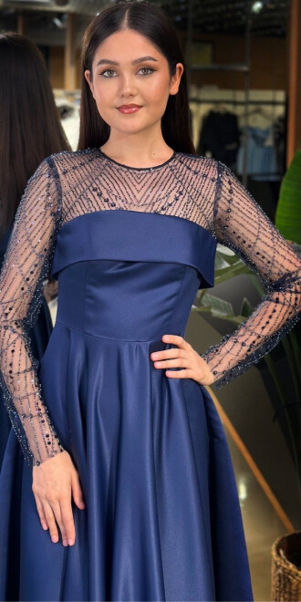 Lacivert Yuvarlak Yaka Uzun Kollu Kloş Etekli Saten Midi Abiye Elbise 11139-02 - 3